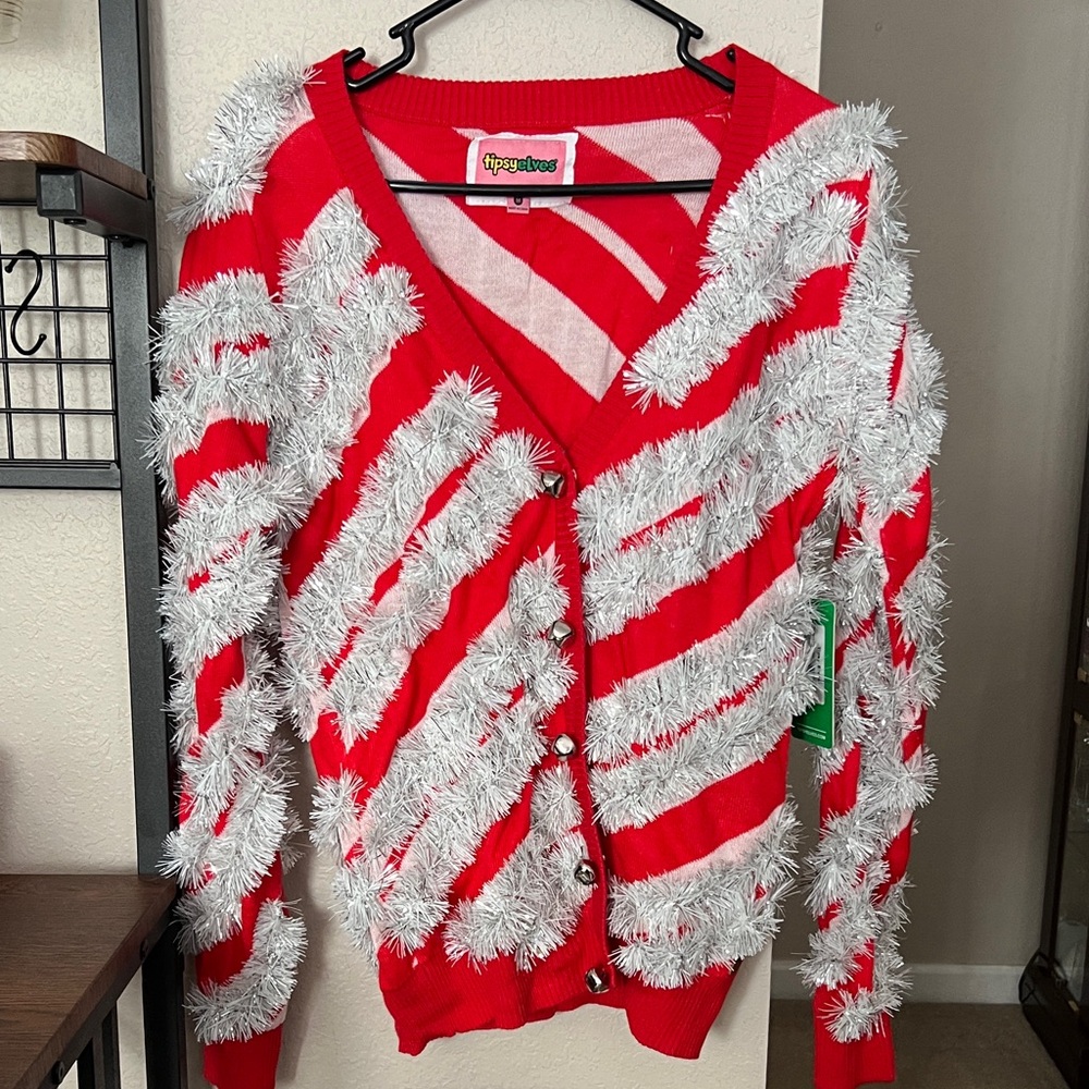 Tipsy Elves Candy Cane Tinsel Festive Red and White Cardigan